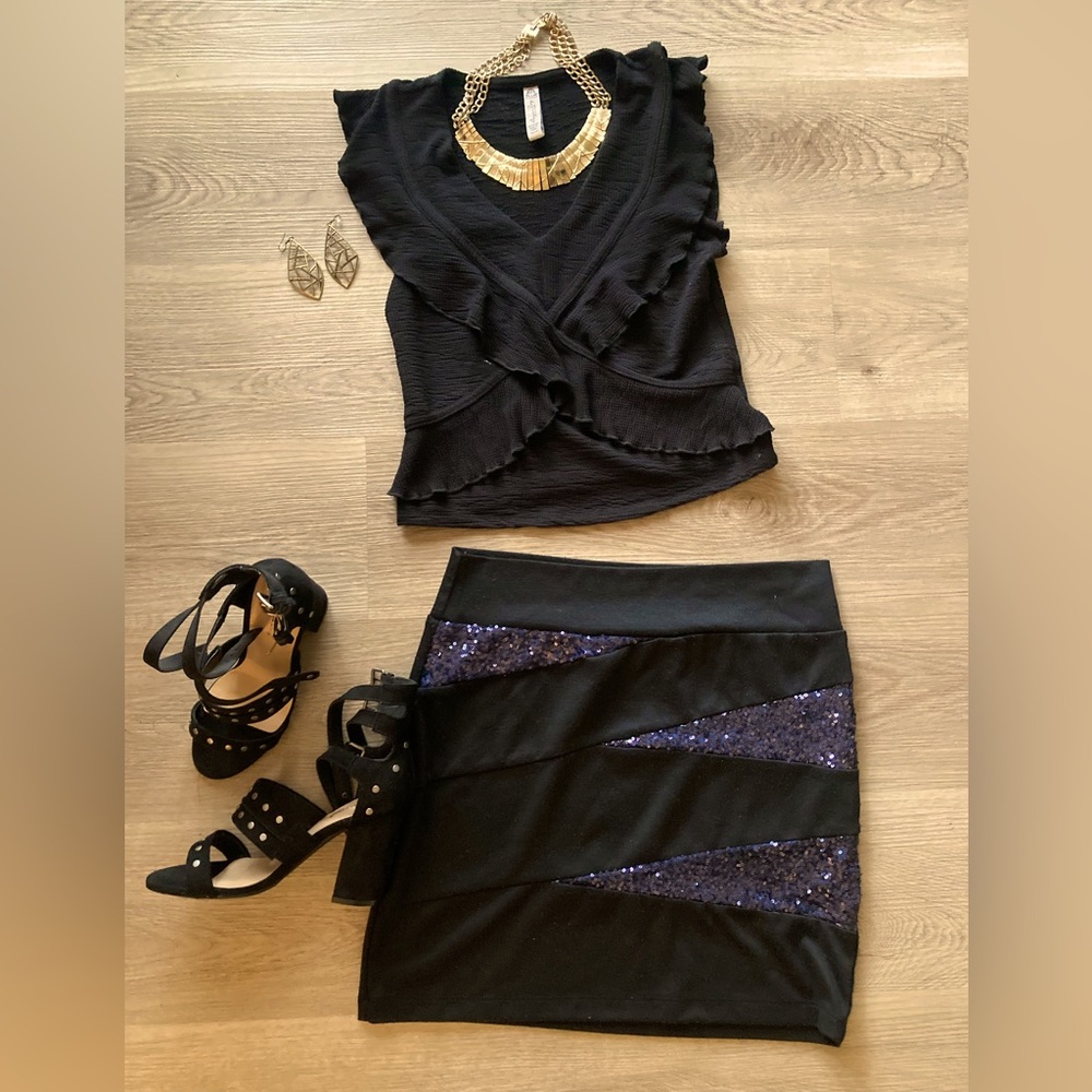 Black and blue sequence pencil, bandage style mini skirt